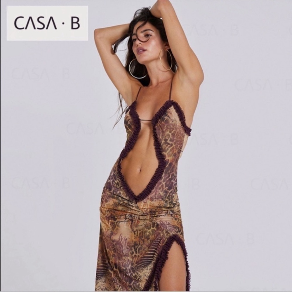5⭐️CASA B| Seraphina Sheer Cut-Out Frill Leopard Script Print Maxi Dress - Picture 8 of 15